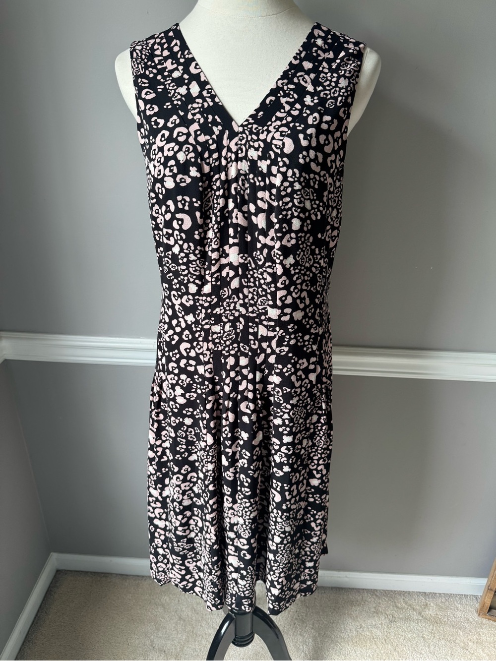 Talbots Black Dress with Pale Pink Leopard Print V-Neckline